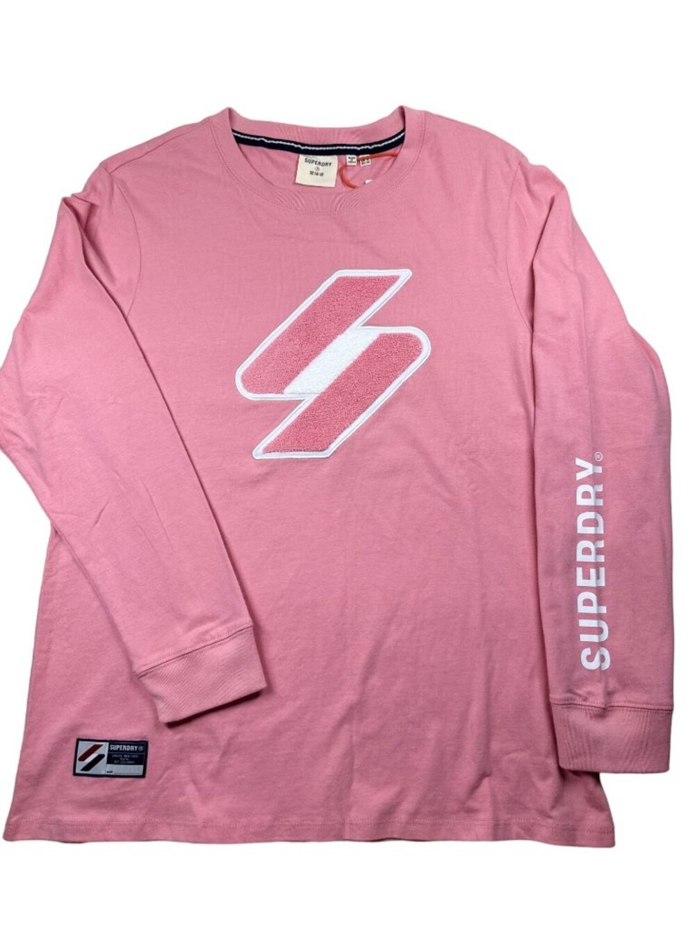 SUPERDRY Long Sleeve Shirt Size 12 Code Logo Pink Crewneck Loose Fit NEW